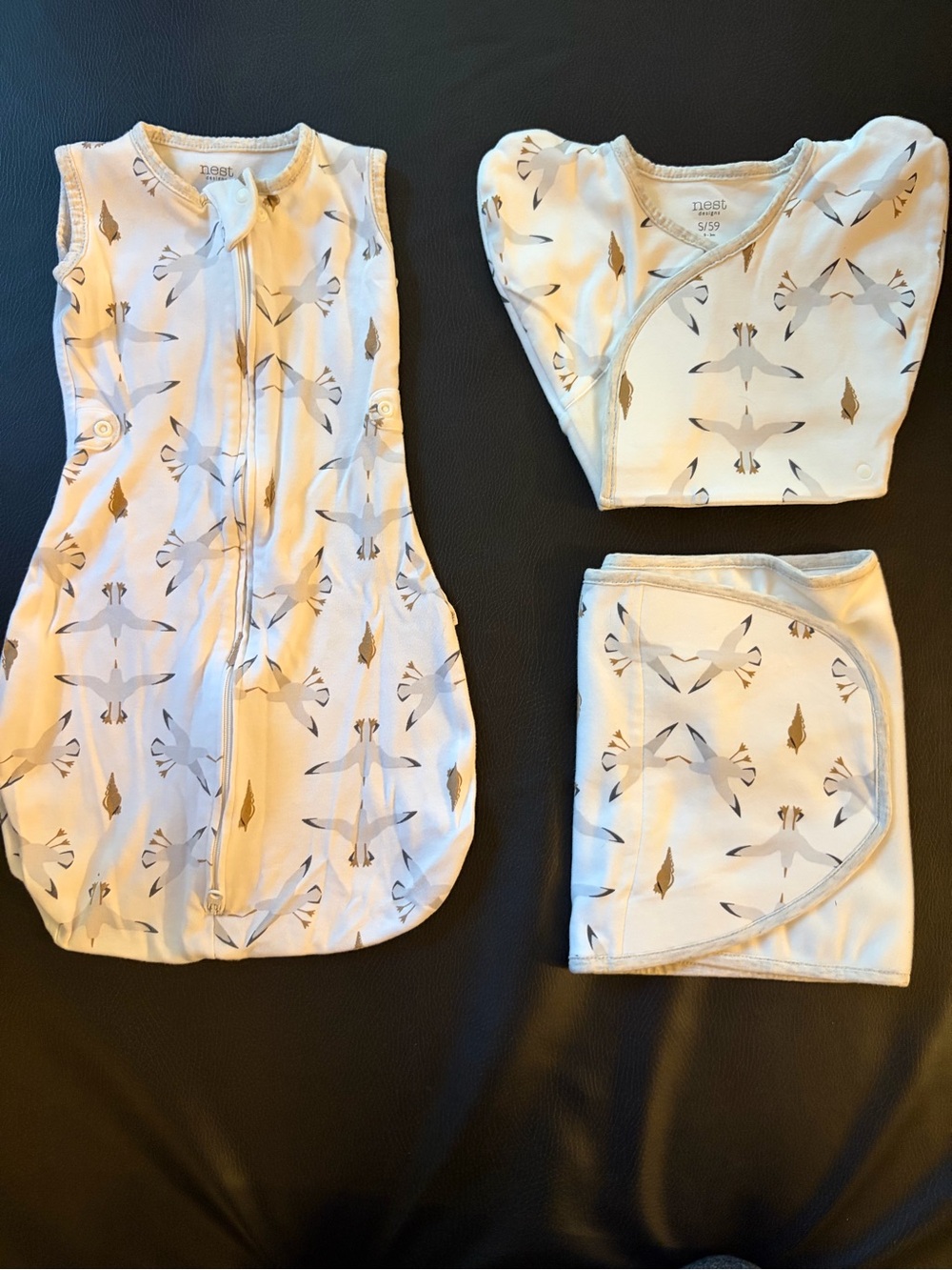 NEST White Sleep Sack and Swaddle Set with seagulls